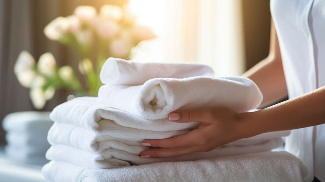 Close-up of Hand professional chambermaid putting stack of fresh towels in hotel room